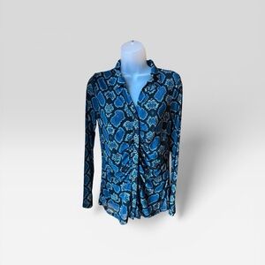 Twist-Front Blue Snake Print Button-Down Top